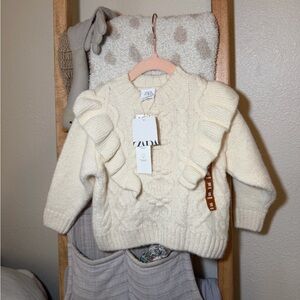 Zara Ivory Cream Knit Sweater with Ruffles Baby Toddler Girls Size 12-18 mo